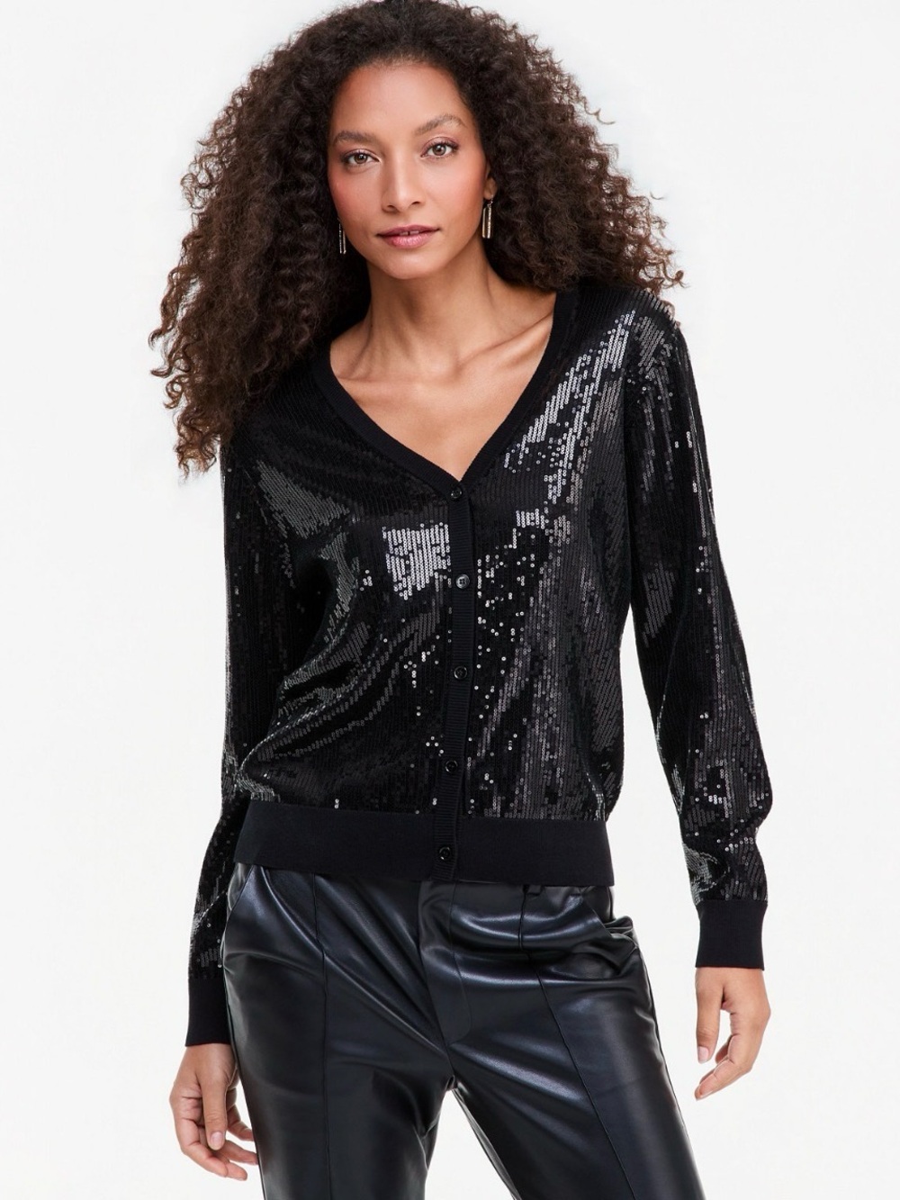 INC International Concepts Black Sequin V-Neck Cardigan